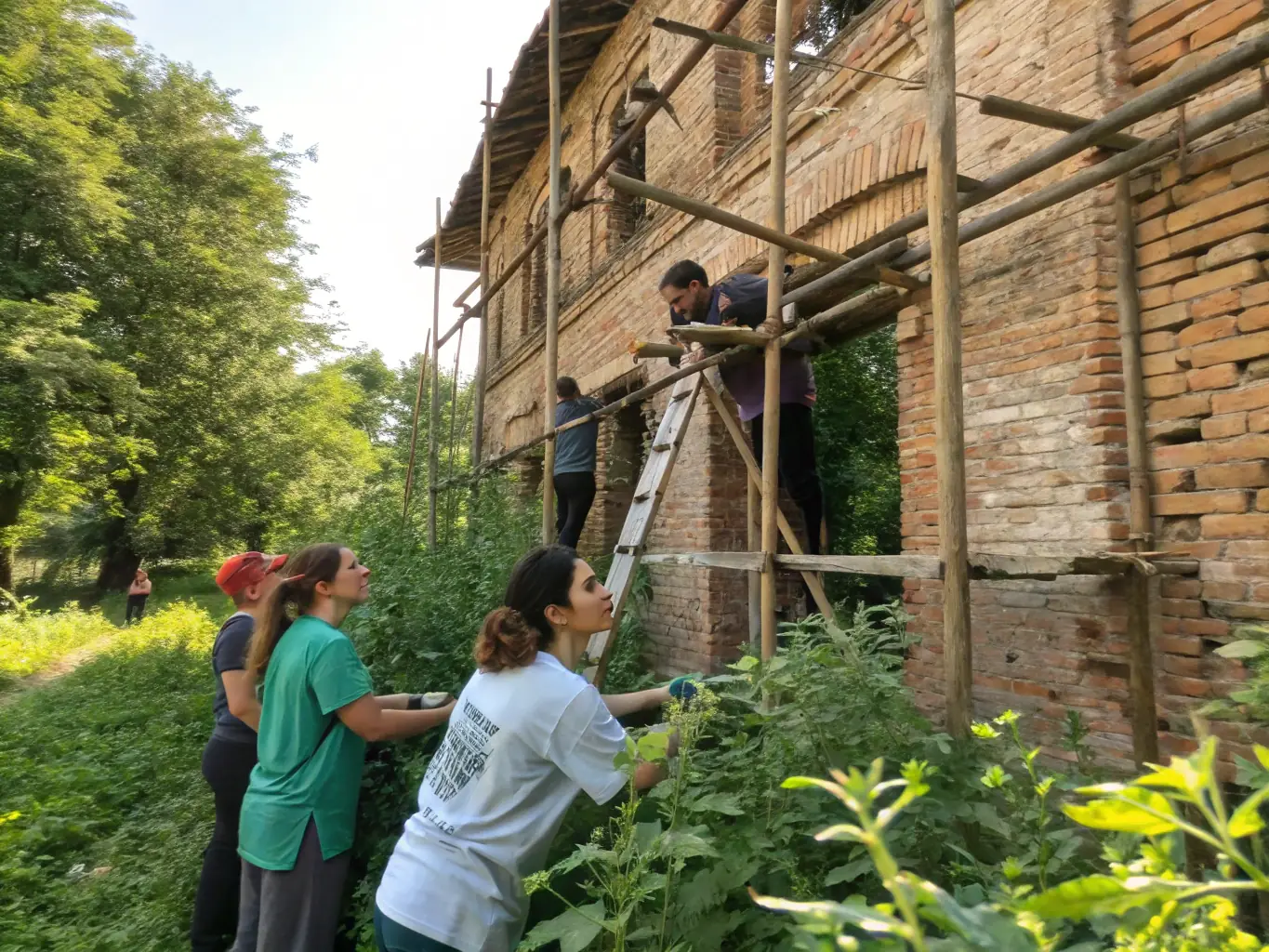 A photograph capturing volunteers meticulously cleaning and restoring a section of the ancient stone bridge, showcasing the hands-on effort involved in preserving the historical landmark.